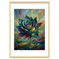 Enchanted Teal and Gold Rose Impasto Oil Painting