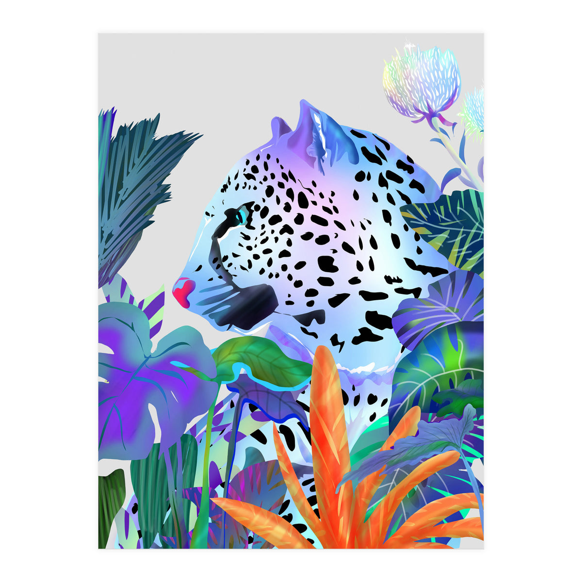Holographic Leopard, Tropical Jungle Eclectic Nature, Colorful Botanical Wildlife, Boho Contemporary Animals, Tiger Cheetah Cat Maximalism (Print Only)
