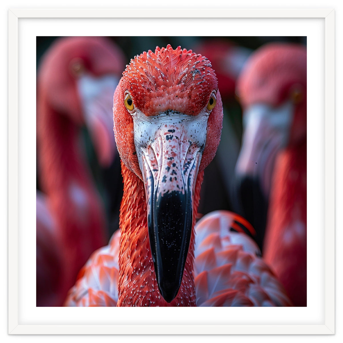 Close Up Of A Flamingo Bird Face, Pink Feathers