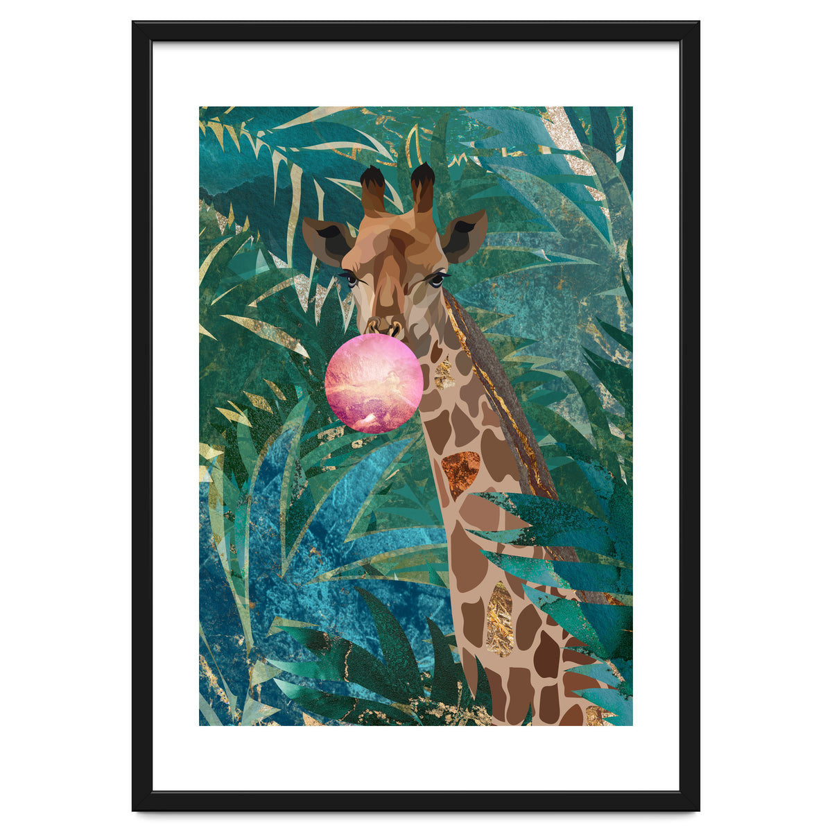 Giraffe blowing a bubble in the jungle