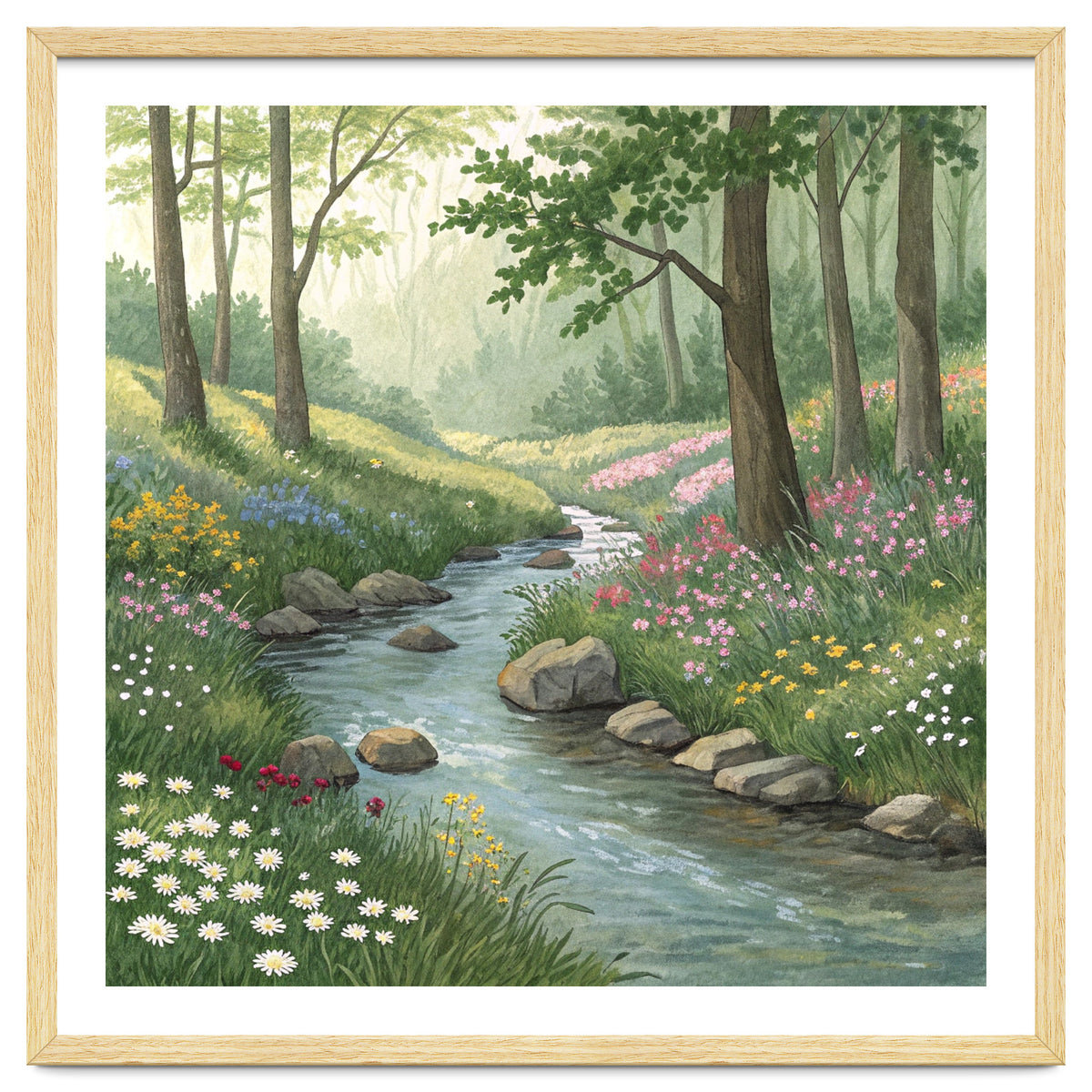 Vibrant Forest Stream Watercolor Painting