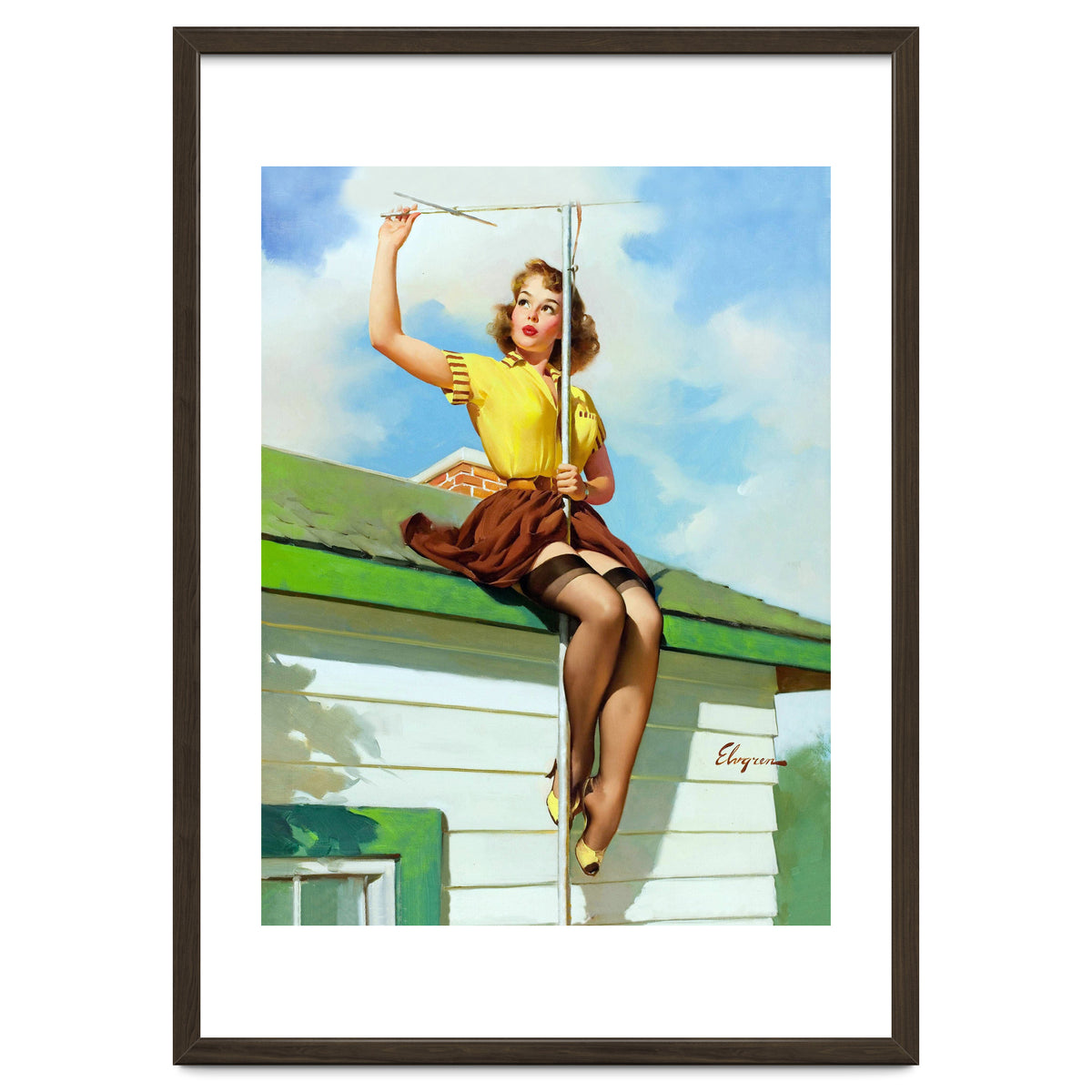 Pinup Sexy Girl Setting Up The Antenna On The Roof