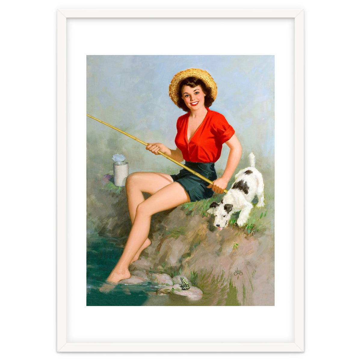 Pinup Girl Fishing With Her Dog