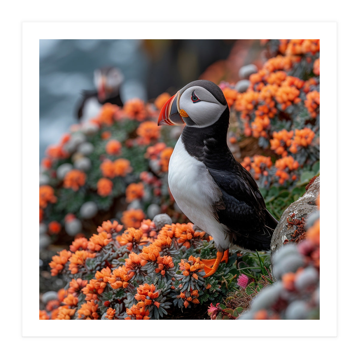 Atlantic Puffin Bird Perched On Orange Flowers (Print Only)
