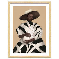 Woman In Stripes Holding A White Rabbit