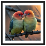 Two Lovebirds Perched On A Branch At Sunset thumbnail