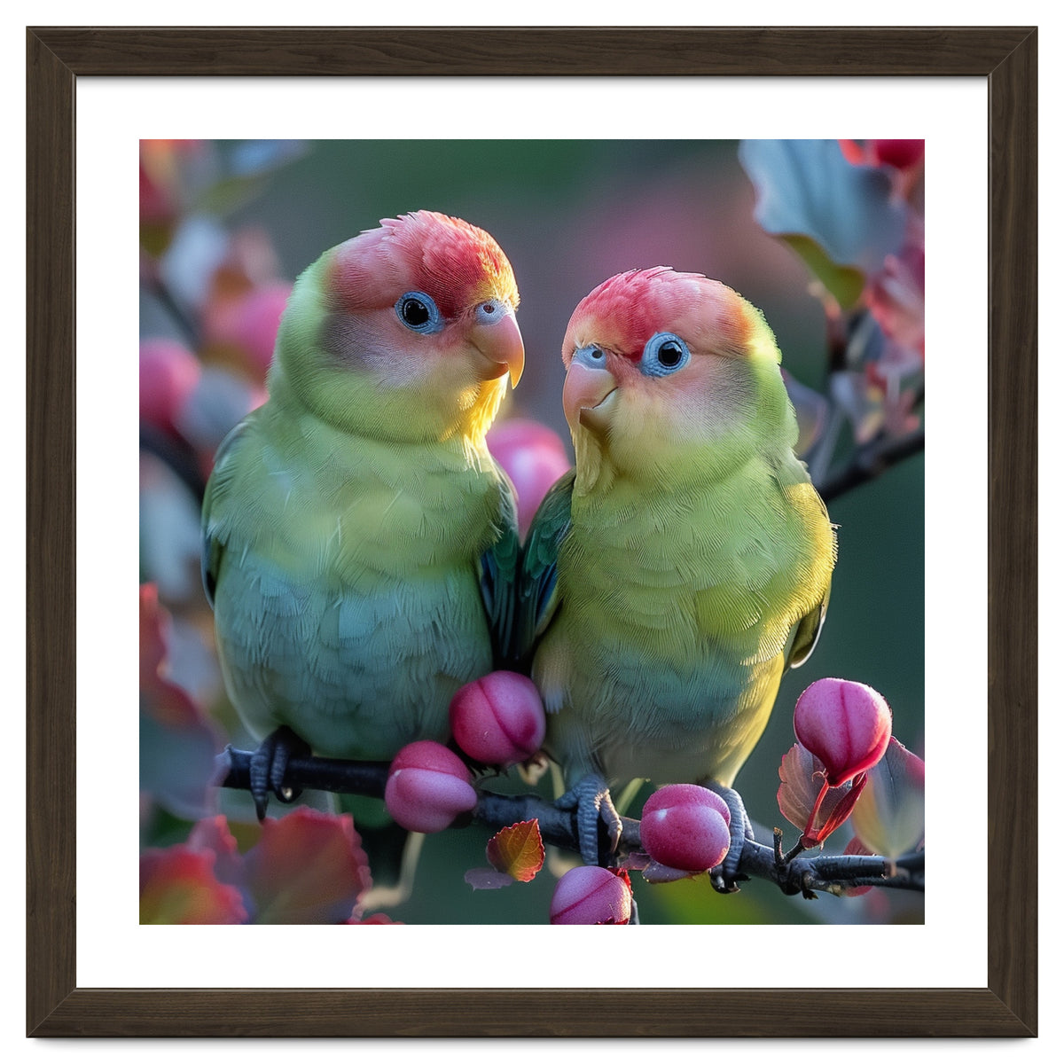 Two Lovebirds On A Branch Surrounded By Berries