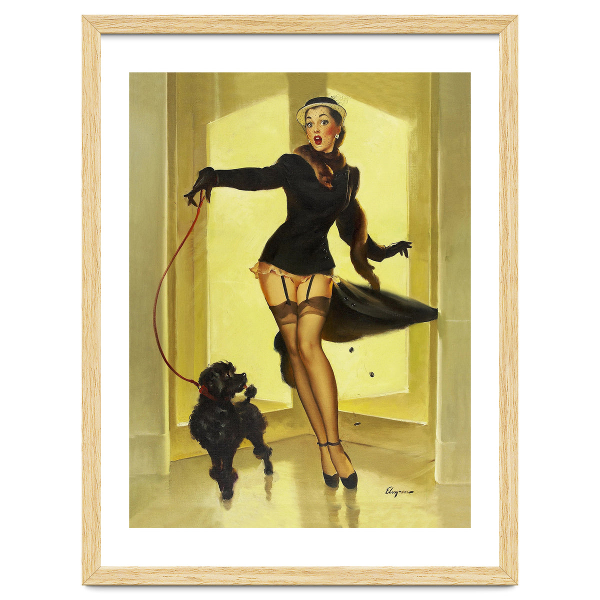 Pinup Girl In Black Dress On A Hall Experiencing Sudden Wind