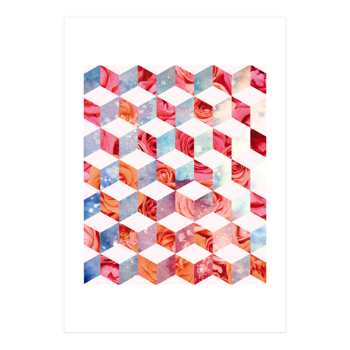 Eve's Sweet Garden of Roses, Geometrical Eclectic Shapes Digital Collage, Surrealism Floral illusion (Print Only)