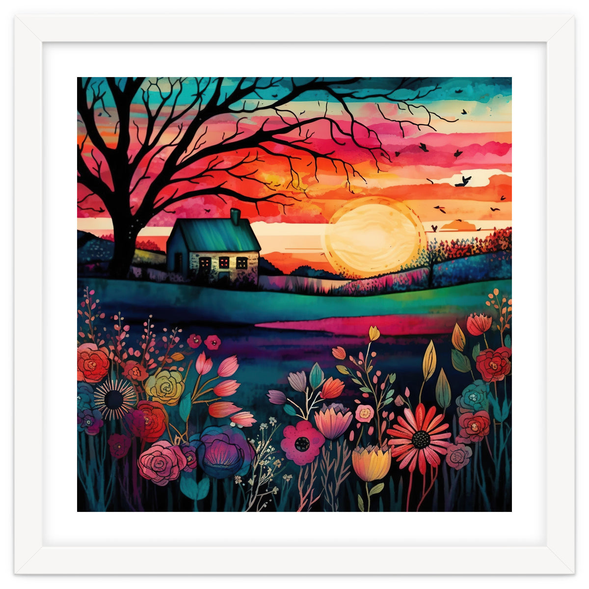Watercolor Folk Art Sunset Landscape