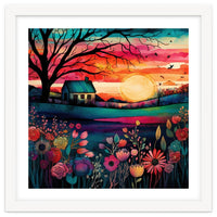 Watercolor Folk Art Sunset Landscape