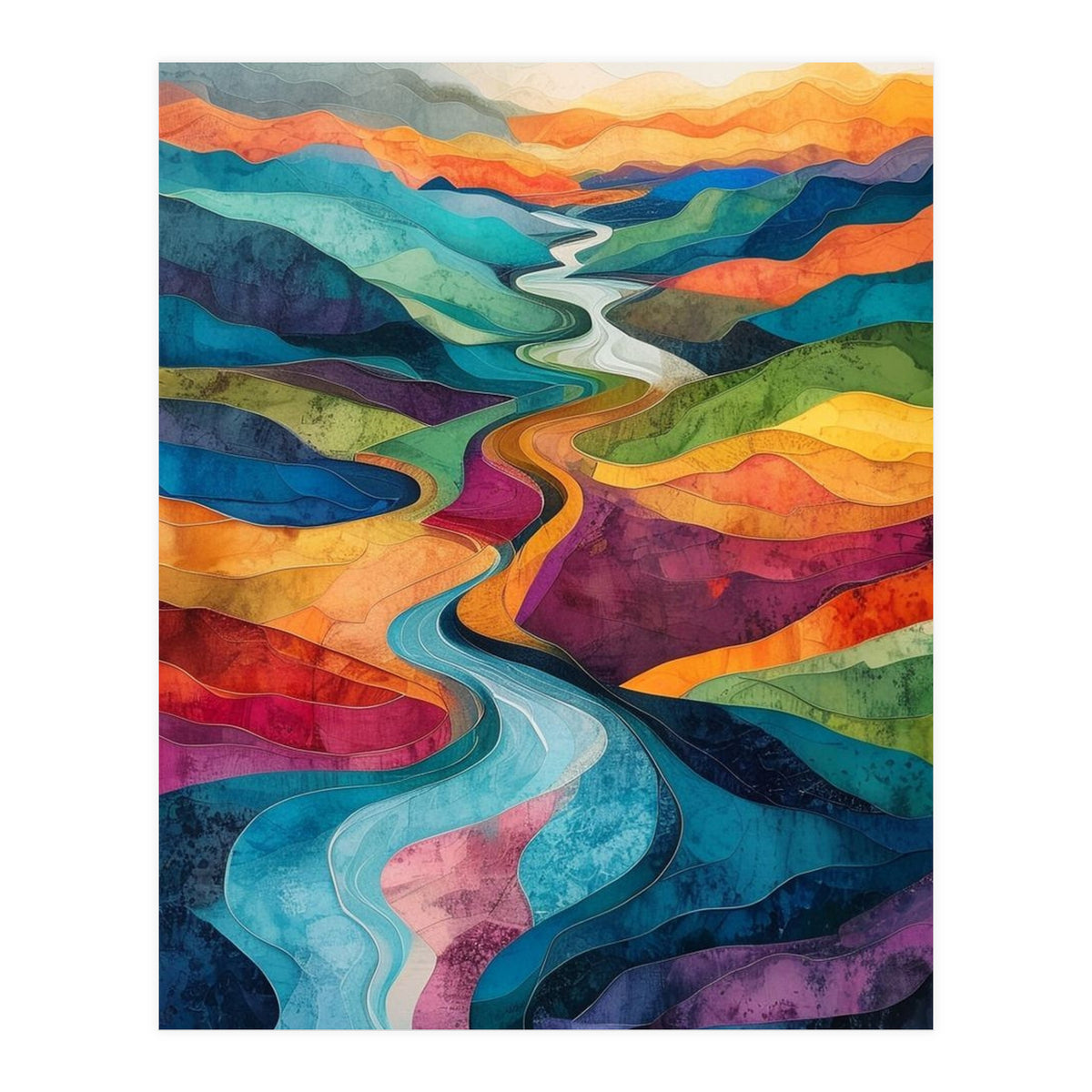 Colorful Abstract River Valley Landscape Art (Print Only)