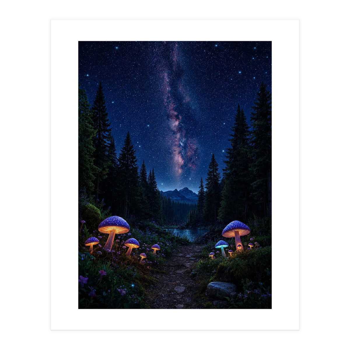 Enchanted Midnight Forest: Glowing Mushrooms and Milky Way (Print Only)