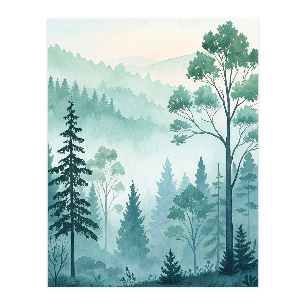 Ethereal Misty Pine Forest Watercolor Art (Print Only)