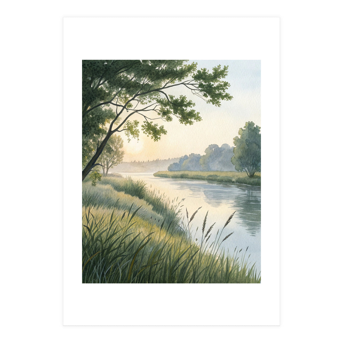 Serene River Sunrise Watercolor Painting with Meadow Grasses and Warm Golden Atmosphere Landscape (Print Only)