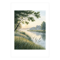 Serene River Sunrise Watercolor Painting with Meadow Grasses and Warm Golden Atmosphere Landscape (Print Only)