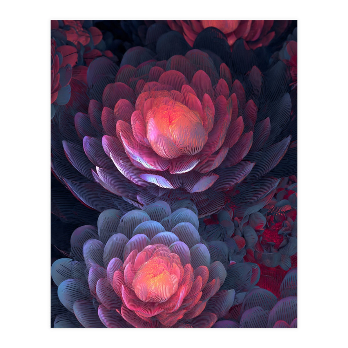 Ethereal Neon Blooms: Intricate 3D Floral Fractal Art (Print Only)