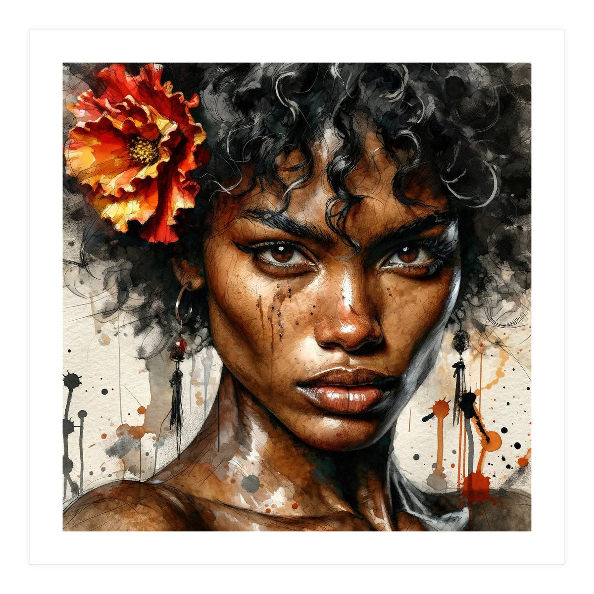 Watercolor Afro American Flamenco Dancer #1 (Print Only)