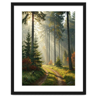 The Golden Path: Ethereal Sunbeams Piercing Through a Misty Evergreen Forest at Dawn