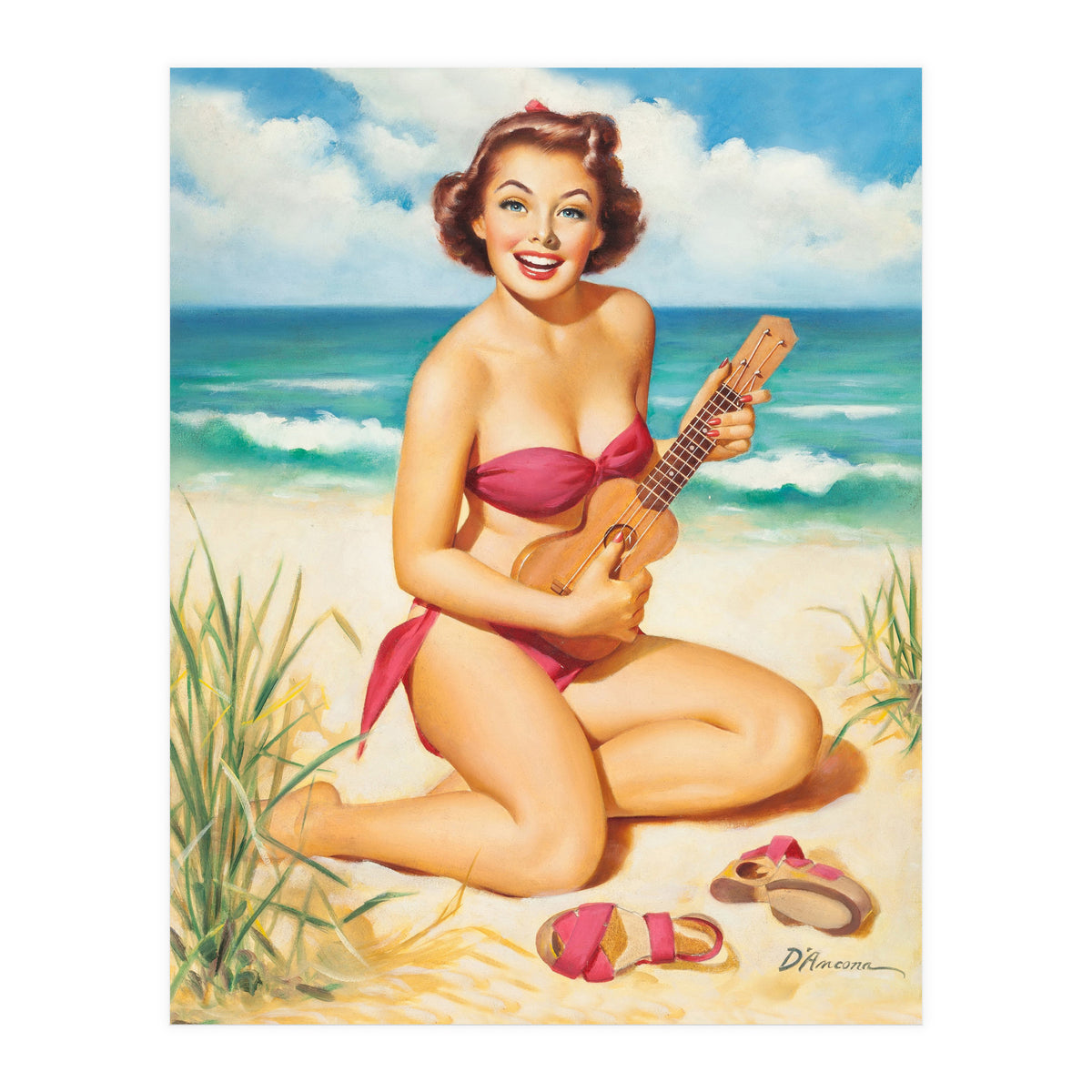 Pinup Girl Playing Ukulele On The Beach (Print Only)