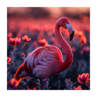 Pink Flamingo Bird Standing Among Flowers At Sunset (Print Only)