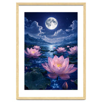 Moonlit Lotus Pond: Serene Nighttime Floral Landscape