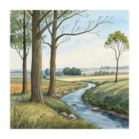 Pastoral Countryside Watercolor Painting with Winding Stream Meadows and Deciduous Trees Landscape (Print Only)