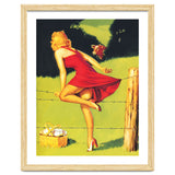 Pinup Girl In Red Dress Crossing The Barbed Wire While Looking At The Bull thumbnail