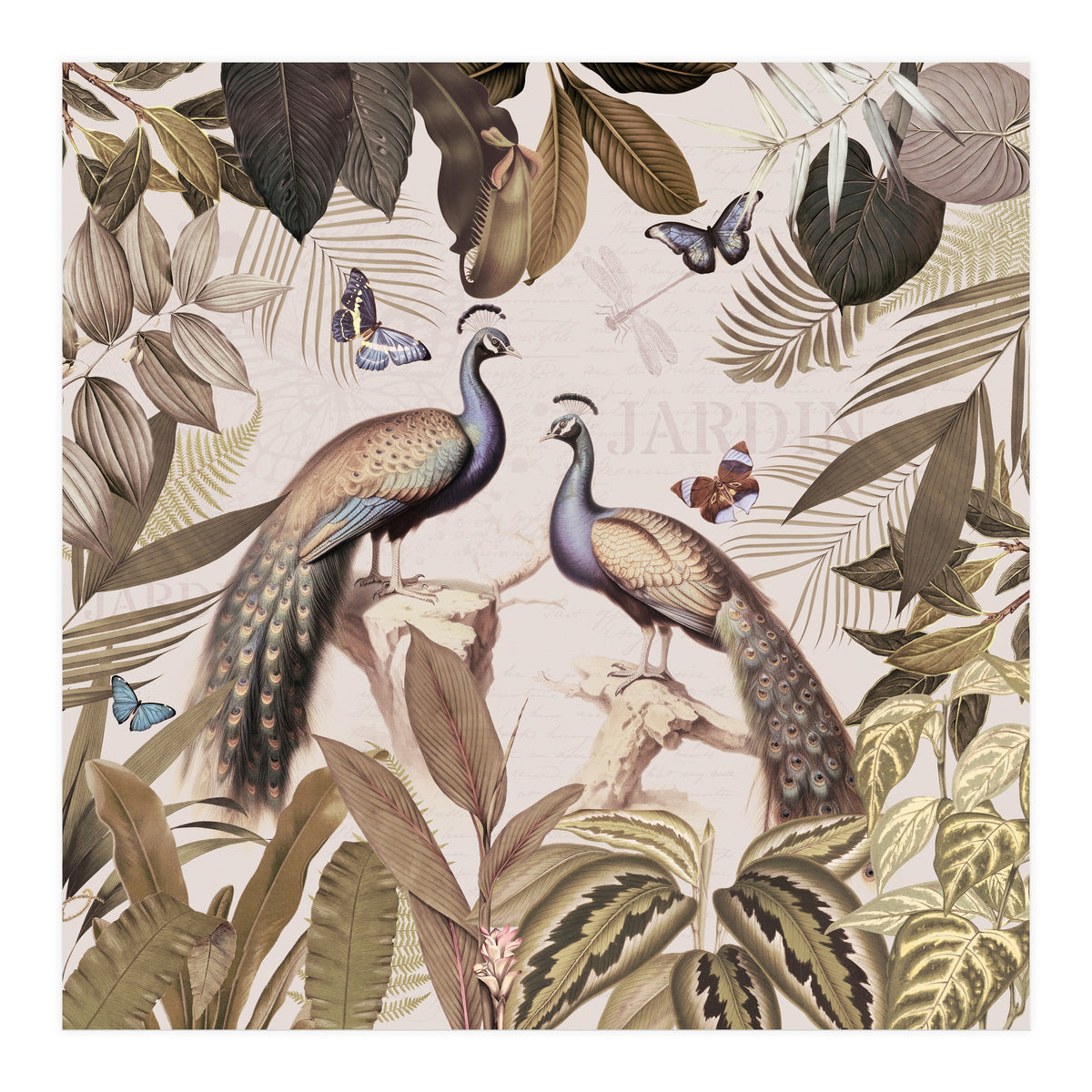 Vintage Sepia Exotic Peacocks Jungle (Print Only)