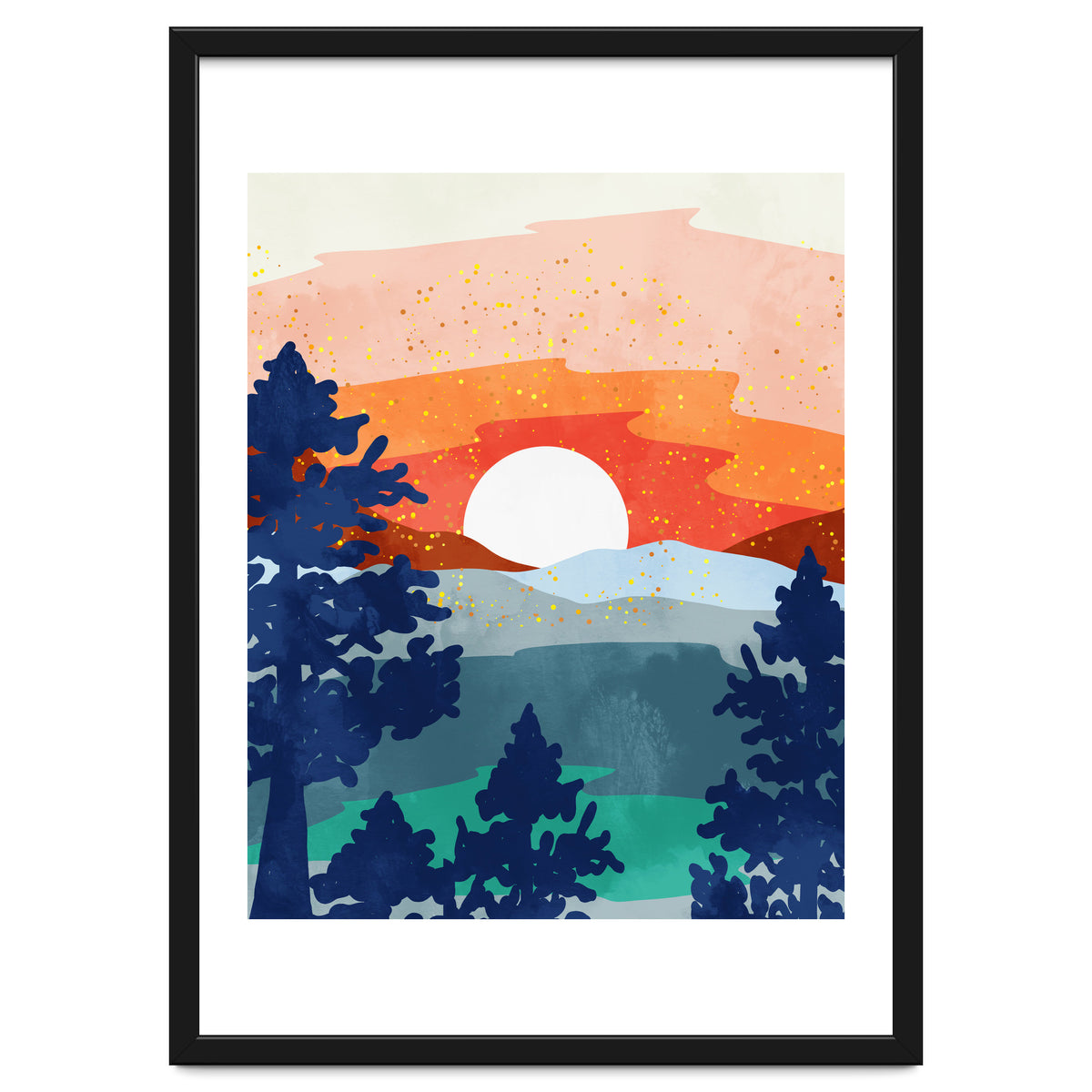 A Magical Sunset, Landscape Nature Illustration, Minimal Bohemian Painting, Mountains Adventure Travel