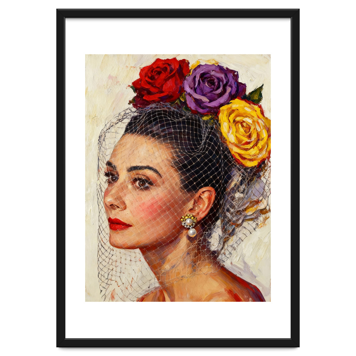 Audrey Hepburn, Impasto Floral Veil Portrait, Classic Hollywood Oil Painting,