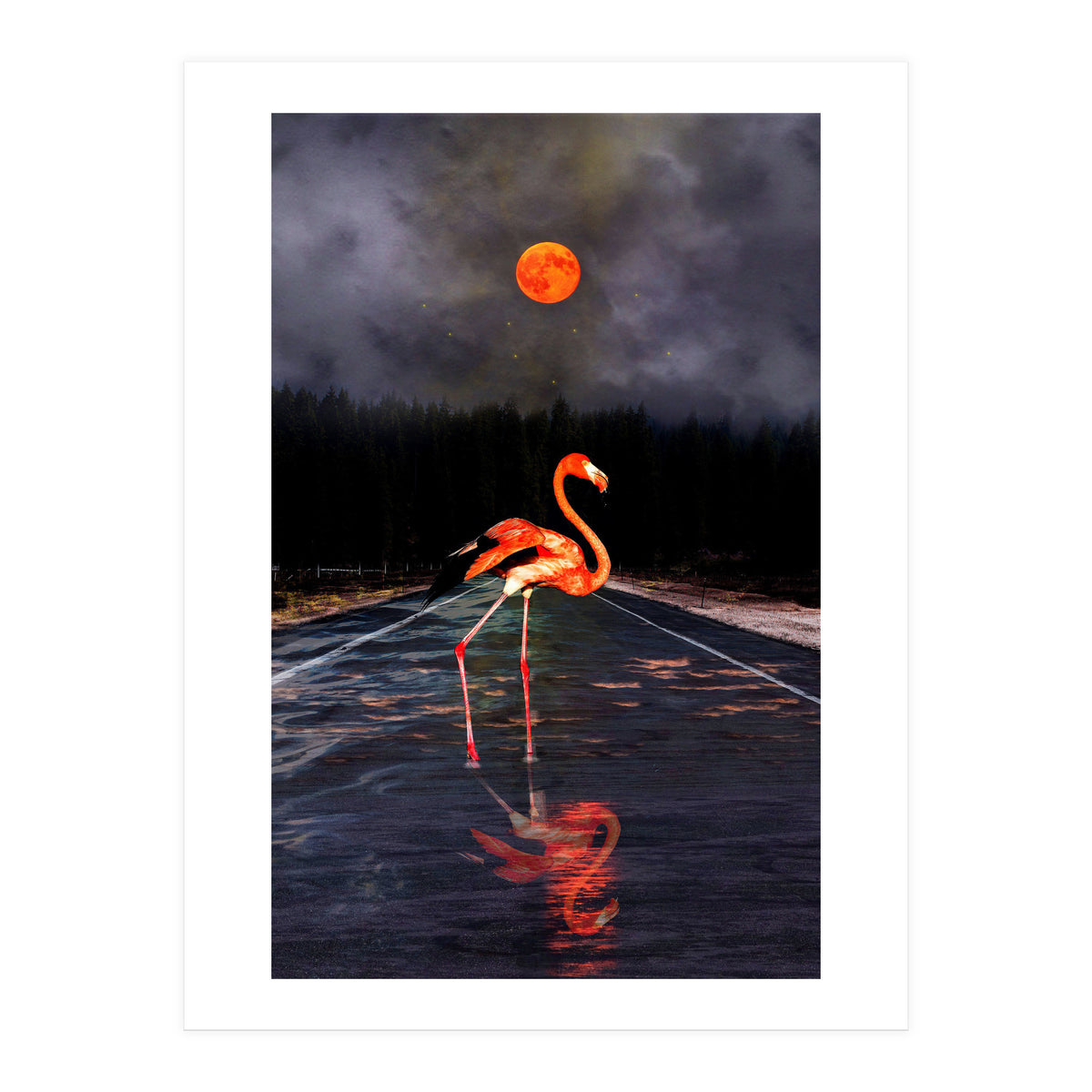 Flamingo and Red Moon  (Print Only)
