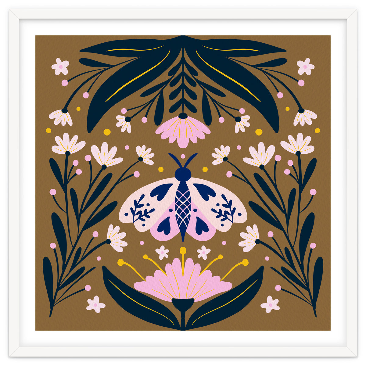 Pink Moth with Flowers on a brown background