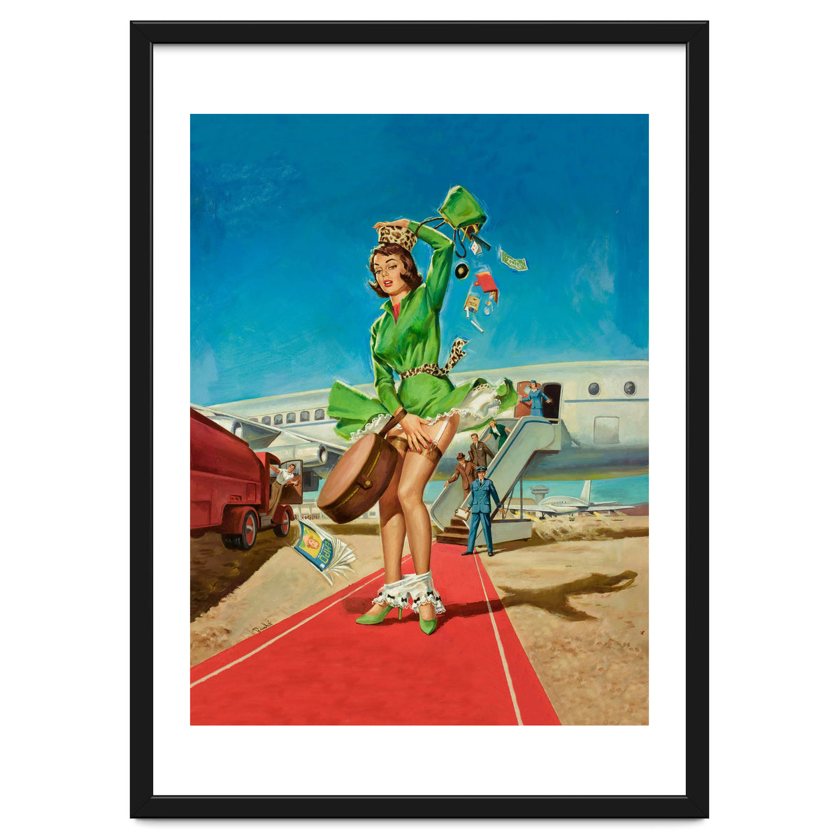 Sexy Pinup Brunette Experiencing Sudden Wind At The Airport