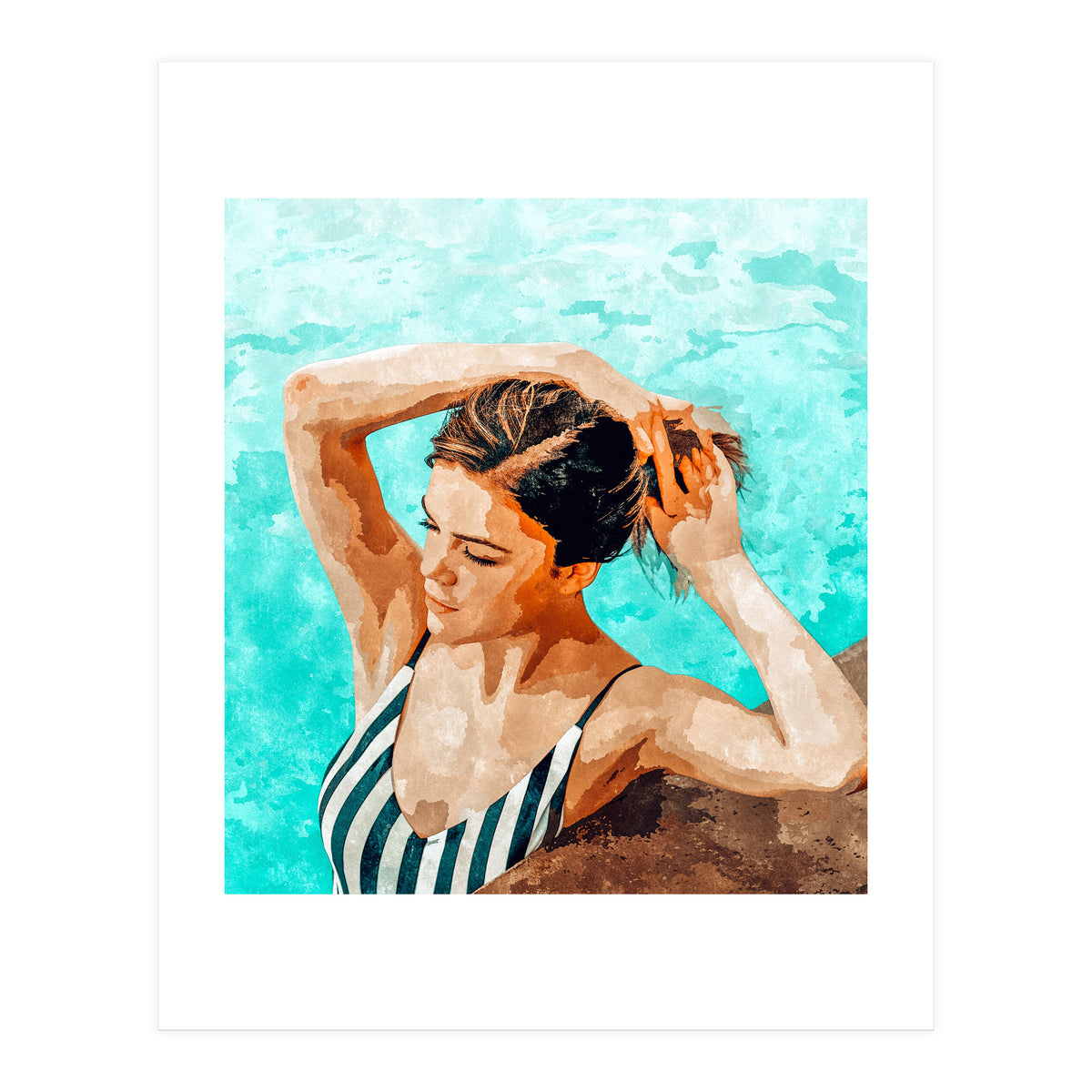 Simulacrum | Modern Bohemian Woman Swim | Summer Swimming Pool Fashion Watercolor Painting (Print Only)
