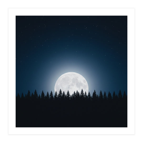 Midnight Serenity: Full Moon Over Forest Silhouettes (Print Only)