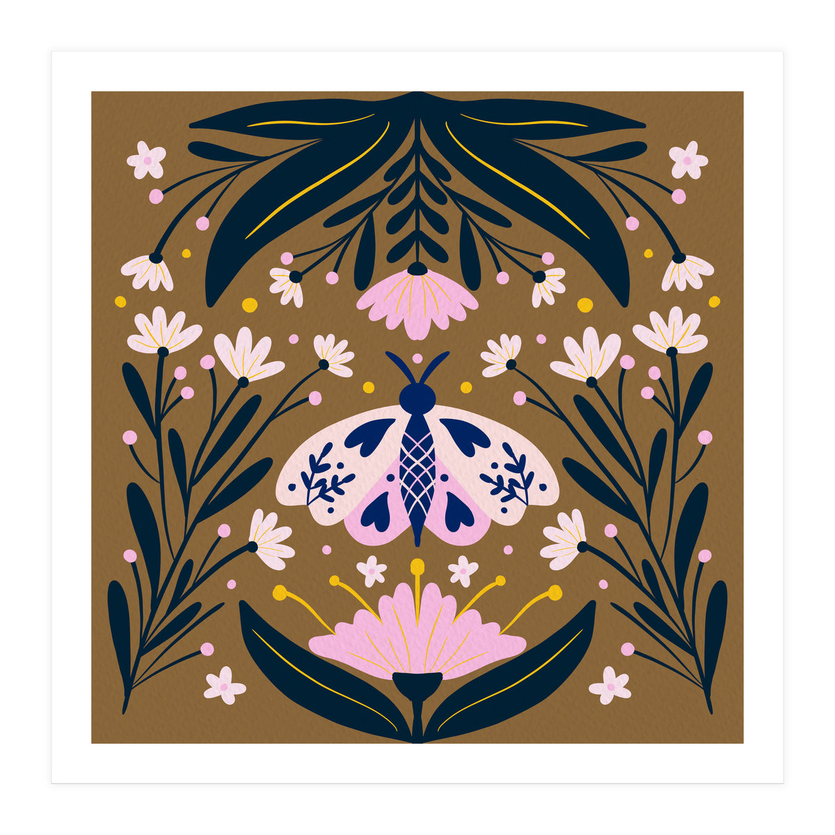 Pink Moth with Flowers on a brown background (Print Only)