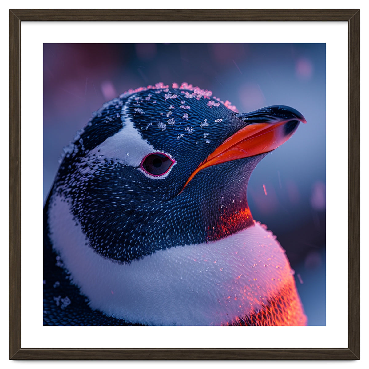 Close Up Penguin With Snowflakes On Head