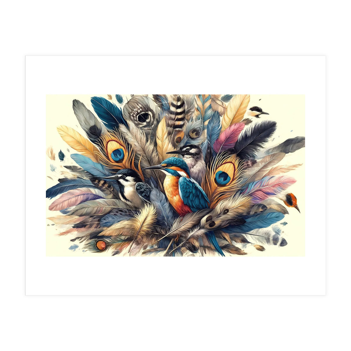 Kingfisher And Songbirds In Peacock Feathers (Print Only)