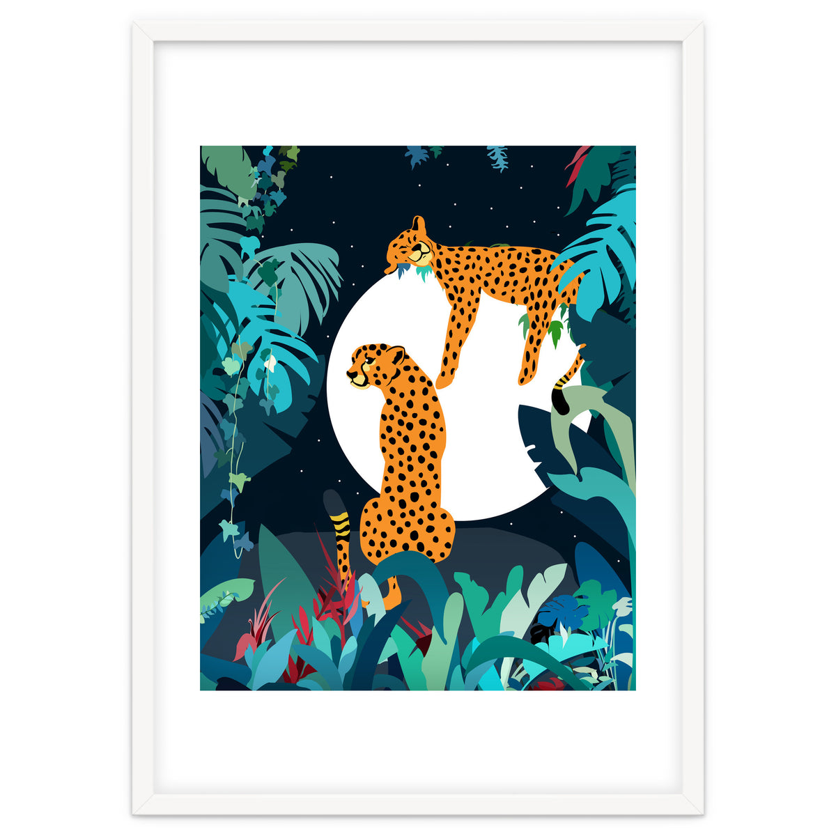 Over The Moon, Leopard In Love, Jungle Wildlife Tropical Tiger Botanical, Nature Cat Dark Animals