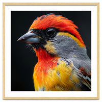 Close Up Of Colorful Bird With Red Orange Yellow Feathers