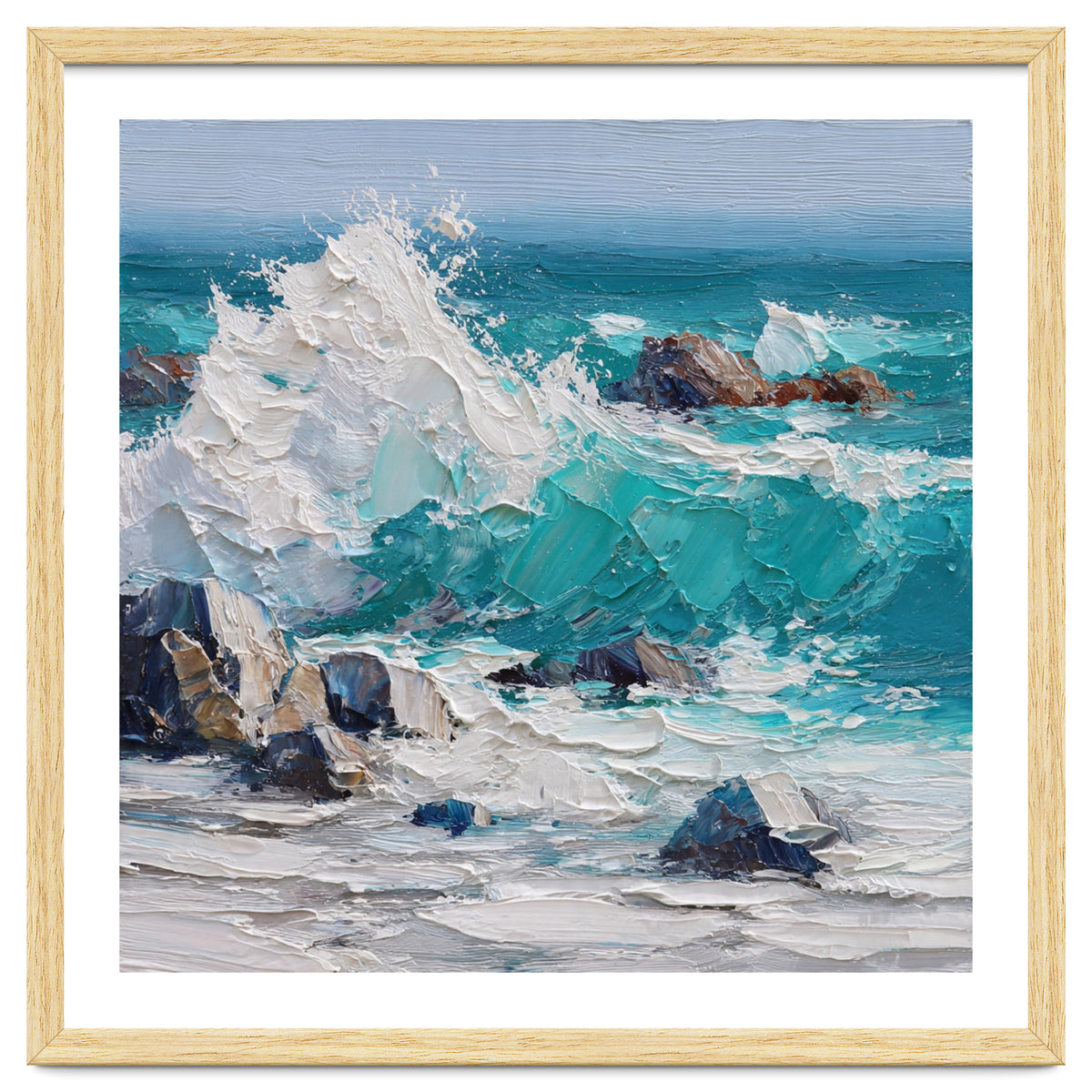 Dynamic Crashing Turquoise Ocean Wave Against Rugged Coastal Rocks
