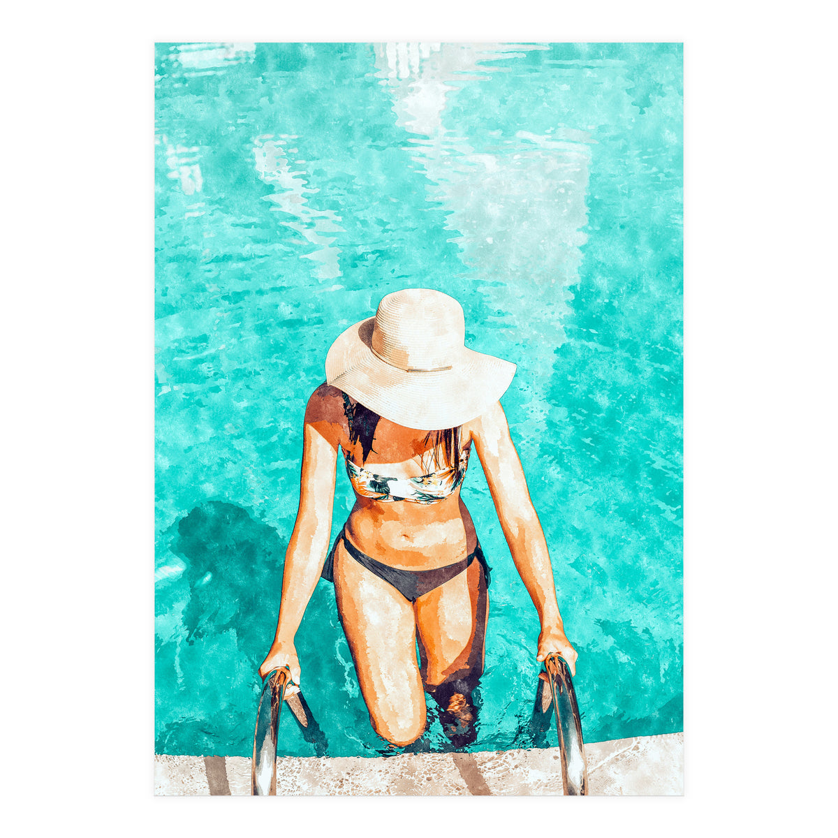 Pool Fashion | Modern Bohemian Woman Swim Watercolor Painting | Contemporary Travel (Print Only)