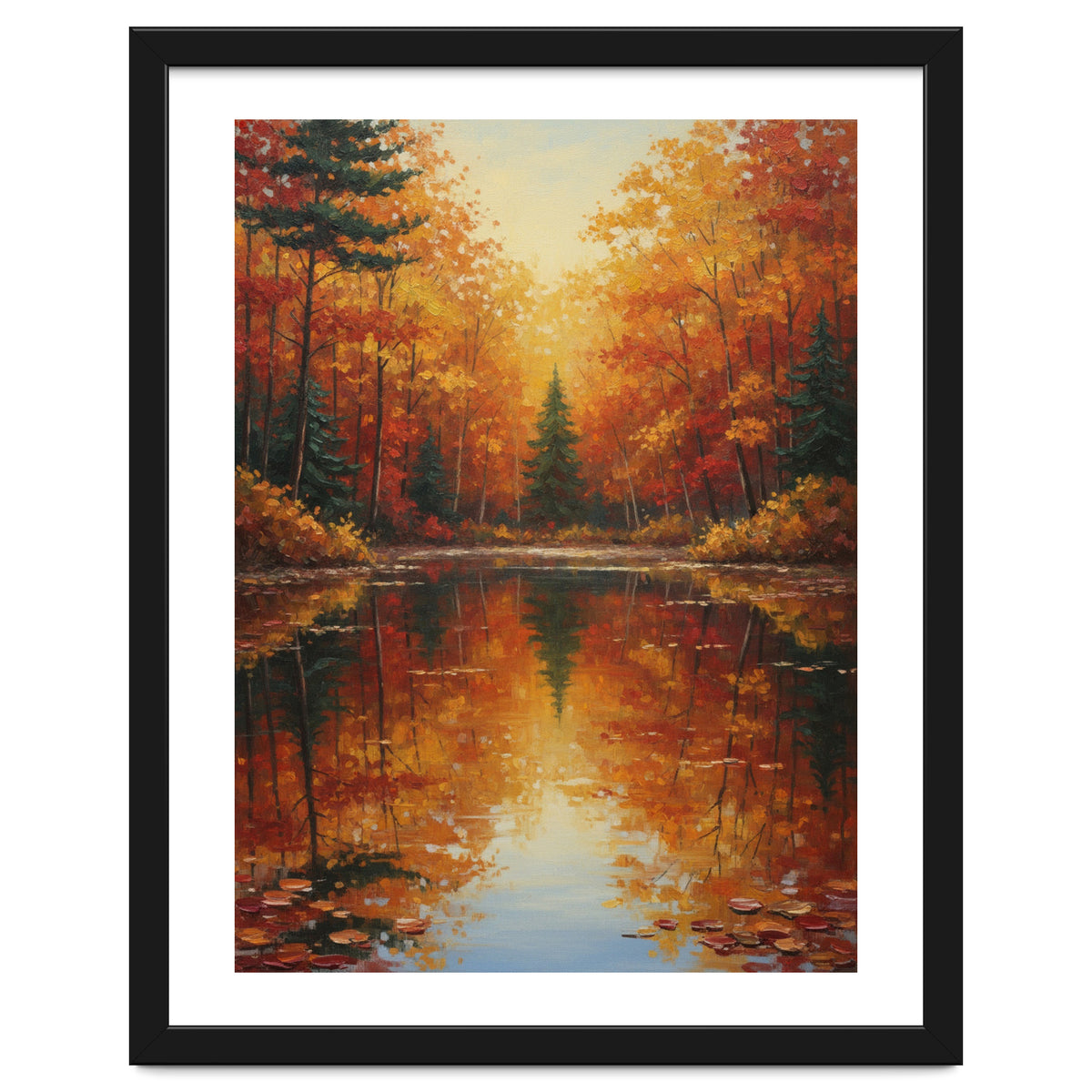 Golden Autumn Reflection: Impasto Forest Landscape