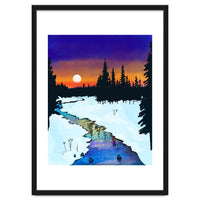 Purple Midnight, Snow River Full Moon Nature Landscape Painting, Winter Travel Adventure Places
