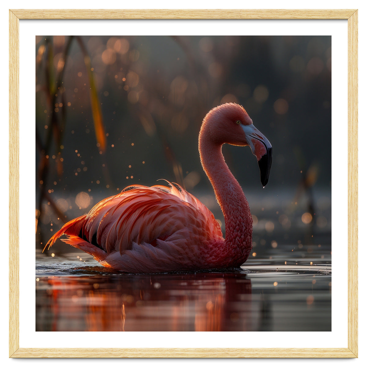Pink Flamingo Swimming In Sunlight Water