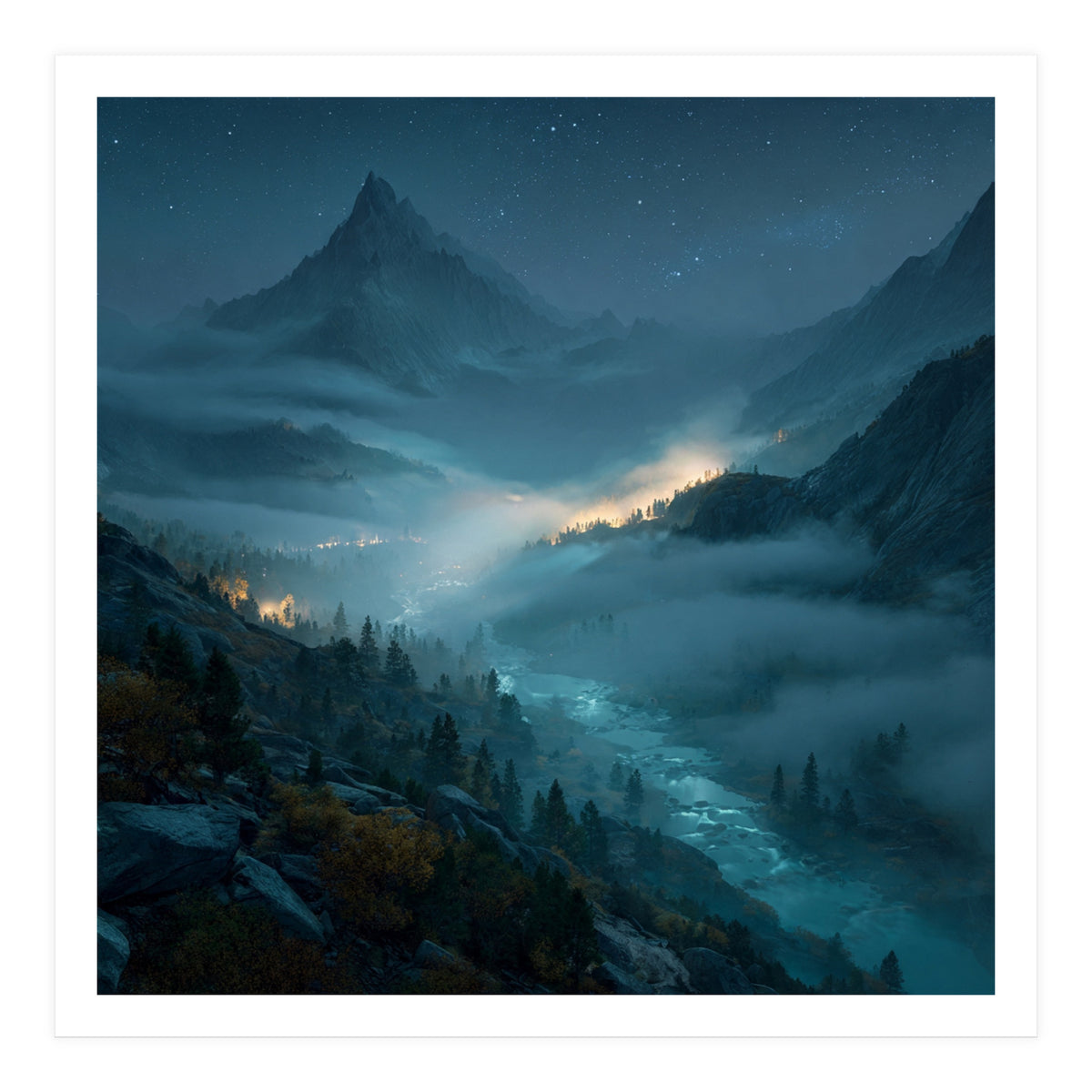 Moonlit Alpine Valley at Night with Shimmering River (Print Only)