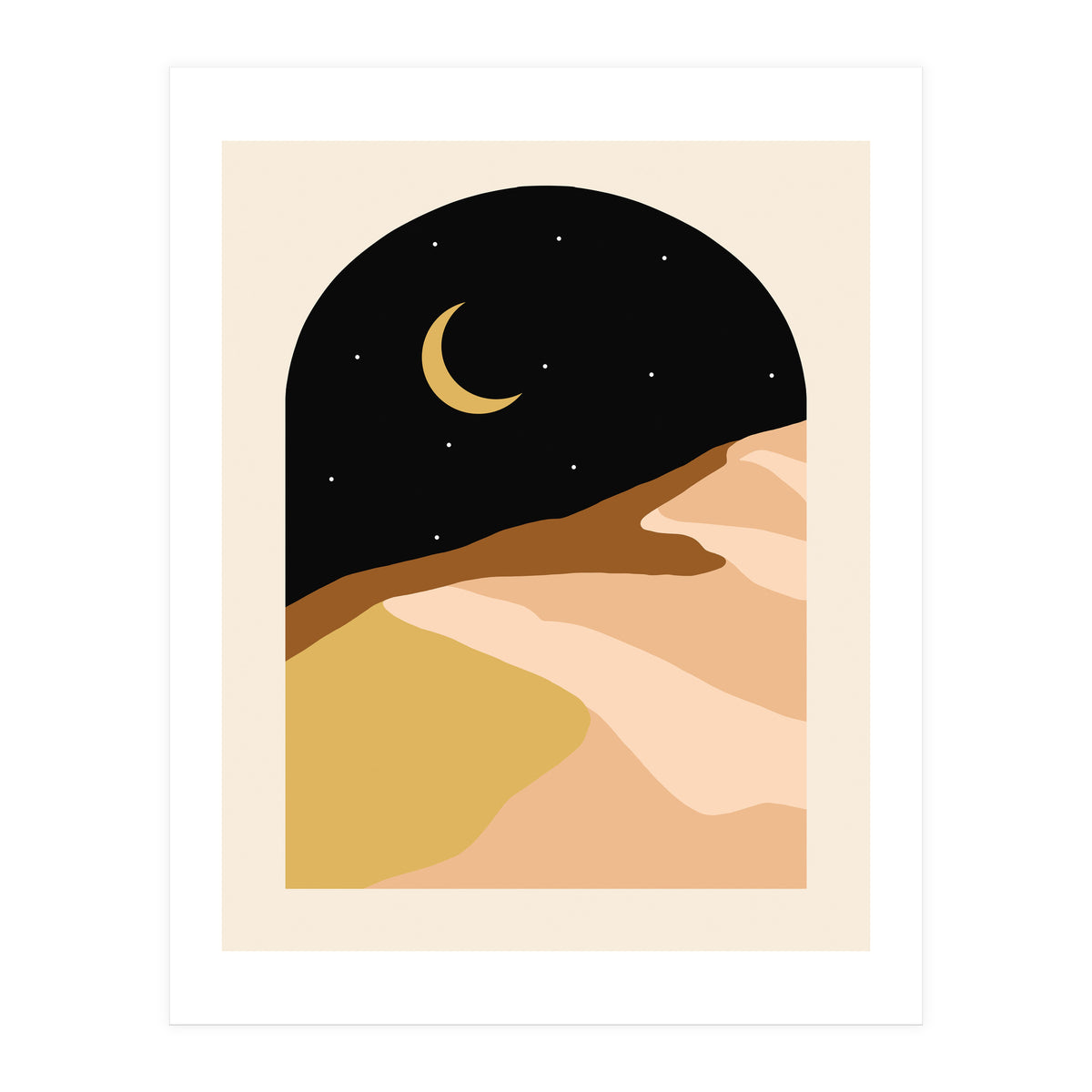 Desert Nights, Modern Bohemian Travel Sand Dunes, Eclectic Moon Stars Vintage Arc, Pastel Building Nature Landscape (Print Only)