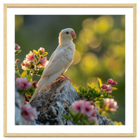 Albino Parrot Perched On A Rock Amongst Flowers