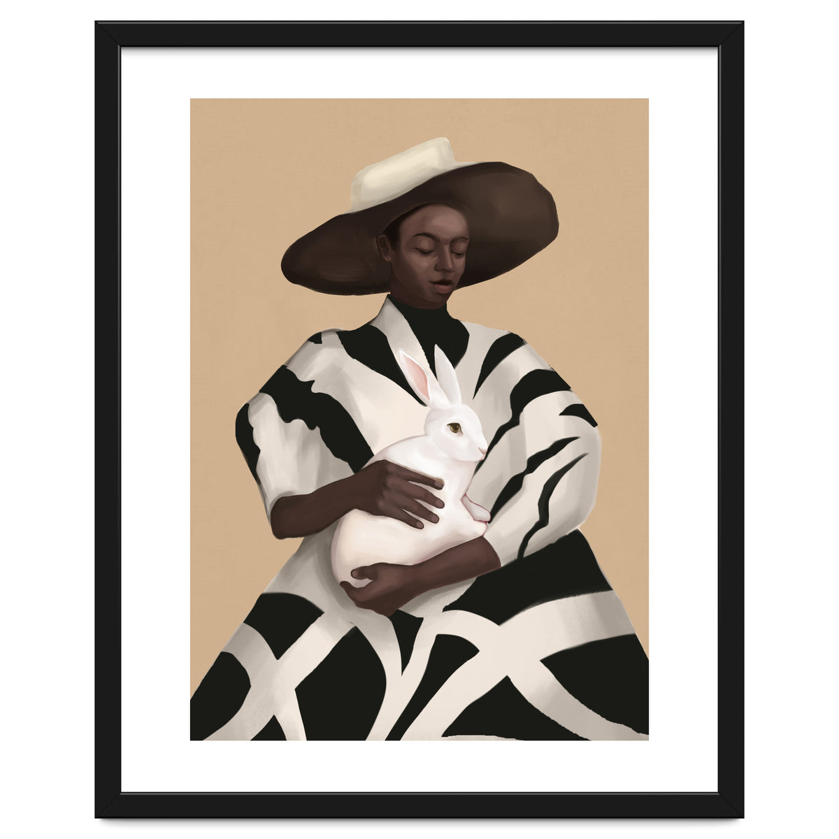 Woman In Stripes Holding A White Rabbit